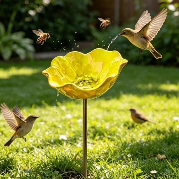 Fuglebad - 14*14*65cm - Højkvalitets legeringsmateriale - elegant blomsterform - Havepynt - kæledyrstilbehør - Gul