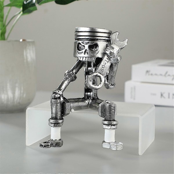 Käsityönä tehty Piston Man -kallonaamio taidefiguri kaiverrettu luurankonaamioveistos kotiin toimistoon työpöydän koristeeksi