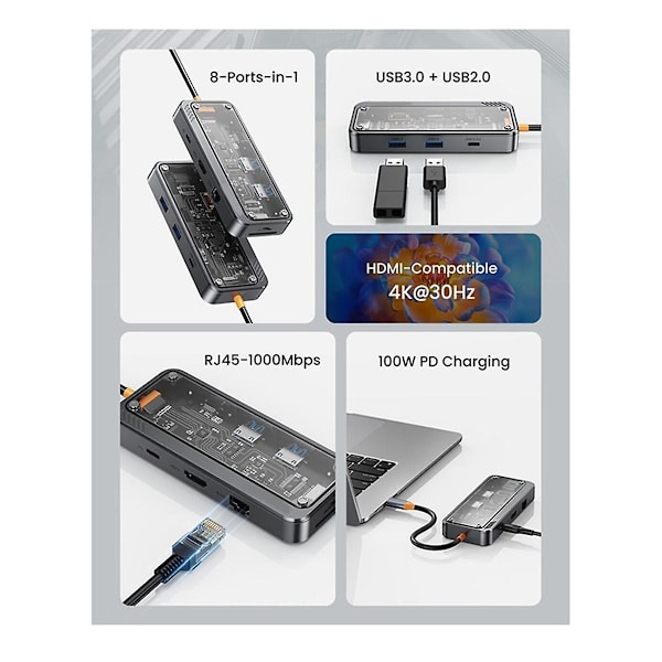 USB C Hub 8-in-1 Type-C 3.1 - 4K-adapteri 5GB RJ45 SD/TF-kortinlukija Hub USB 3.0 100W PD-pikalataus