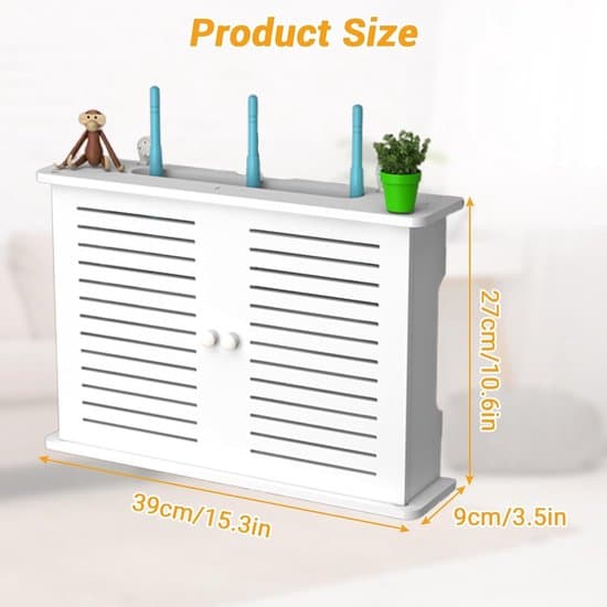 White Router Cabinet with Ventilation, 39x9x27 cm, Lockable Storage Box for Modems, Network Equipment and Cables, with Antenna Openings