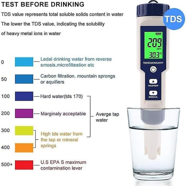 Pool Salt Tester, Digital Salinitetsmåler, Høj Præcision 5 I 1 Salinitetstester til Saltvand, IP67 W