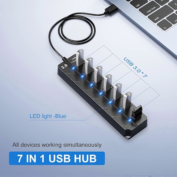 7 Portars USB Hub Splitter Multi Hub USB 3.0 Adapter USB Flera Portar Strömadapter med Strömbrytare