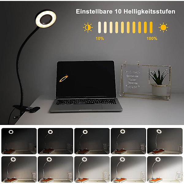 360 Fleksibel LED Clip Lampe - 3 Tilstande & 10 Dæmpningsniveauer - Til Sengegavle, Soveværelser, Kontorer - 12w - Med CE Adapter - Sort