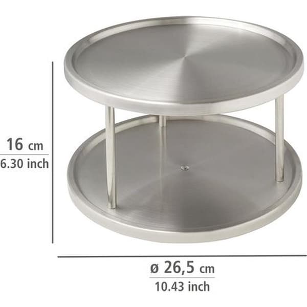 Roterande bricka med 2 hyllplan i borstat rostfritt stål – Mått 26,5 x 15,5 cm – Matt silver för kryddförvaring