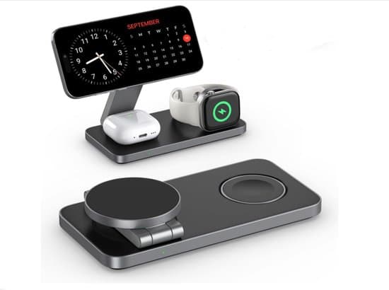 Ladestation egnet til iPhone 17, 16, 15, 14, 13, 12 Pro/Max/Plus, egnet til Apple Watch 9, 8, 7, 6, 5, 4, 3, 2, egnet til AirPods
