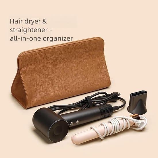 Brun 30,5 x 11,7 x 16,5 cm PU-læder opbevaringstaske til hårtørrer og stylingværktøjer