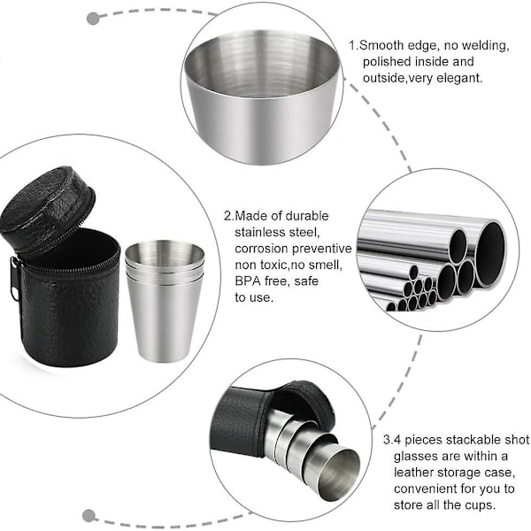 4 kpl 30ml Ruostumattomasta teräksestä valmistettu kuppi Elintarvikelaatuinen metallinen matkakuppi Retkeilyvesikuppi Muki Mini kannettava snapsilasien setti