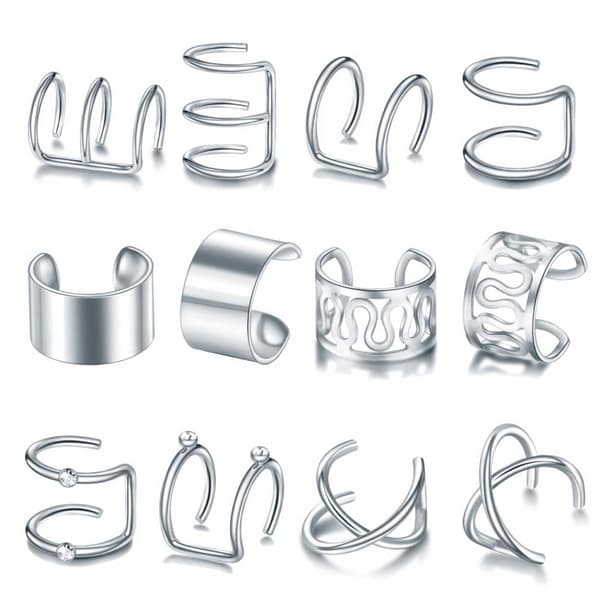 12-pack Fake Helix Piercing Earring Ear Cuff without Hole Silver