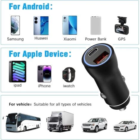 PD&QC USB billader, hurtigladende iPhone billader, rask USB sigarettennerlader, mini billader