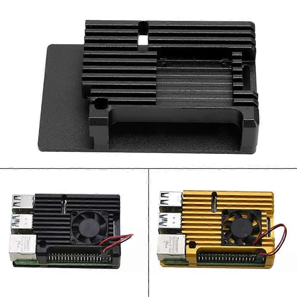 Kabinet til Raspberry Pi 4 Aluminiumlegering Beskyttende Kabinet med Ventilationsblæser DC5V Sort