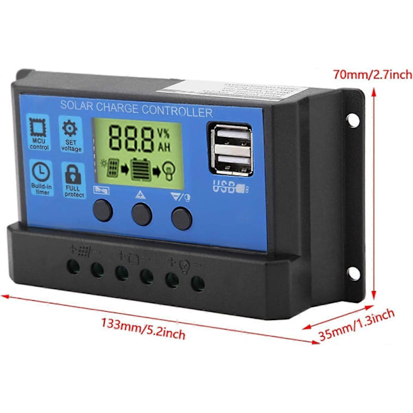 12V/24V Dobbel USB Solcellepanel Ladekontroller (20A)