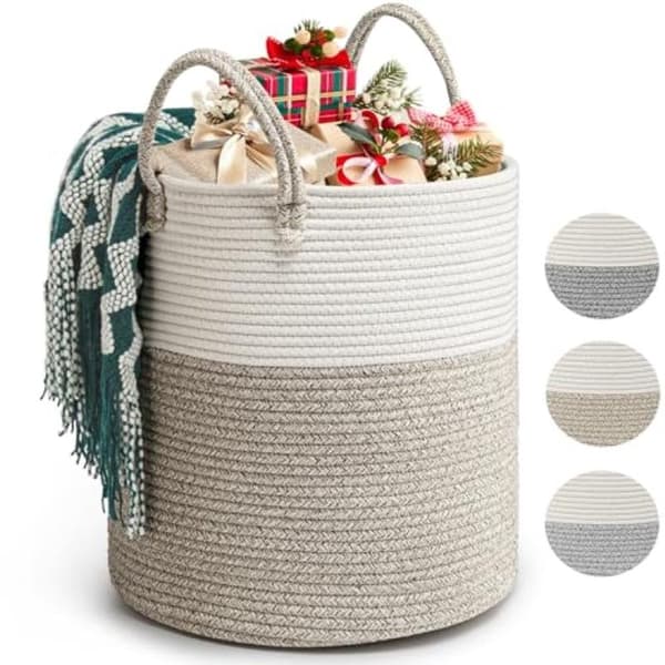 Large Woven Cotton Laundry Basket - Foldable Storage Basket with Handles - 39 Liter Capacity