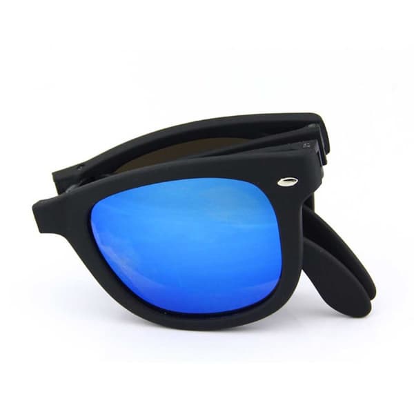 Foldable Black Wayfarer Sunglasses Blue Mirror Lens