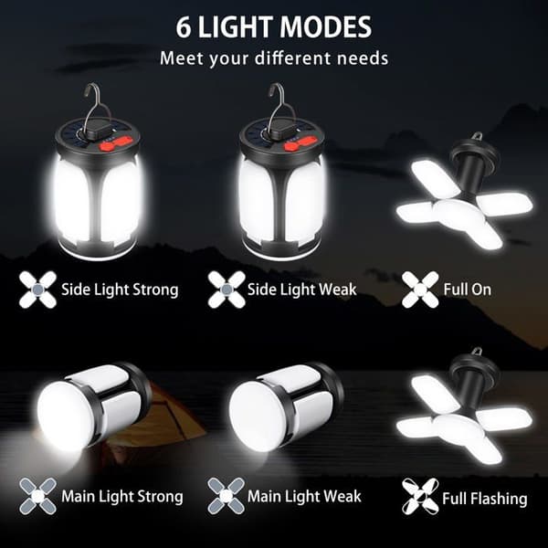 Campinglampe - 3600mAh - 60 LED, 6 Moduser - 360° Sammenleggbare Paneler - IP67 Vanntett