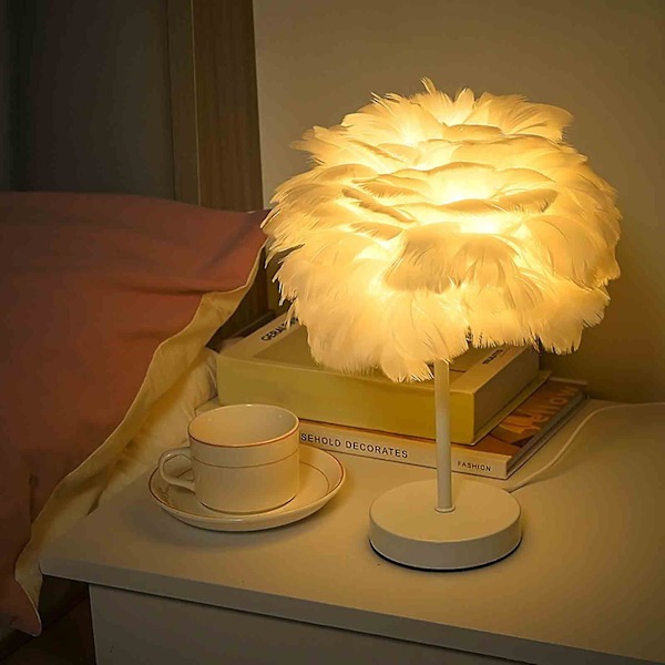 Hvid Fjer Bordlampe  Sengelampe Med Træbase  Fjer Bordlampe  Skrivebordslampe Til Soveværelse  Hjemmedekoration 240796
