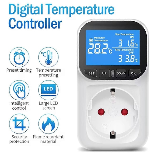 Digital Temperaturkontroller Stikkontakt Termostat med Tidsensor Probe Varme Kjøling Bryter 16A EU Plugg 2025th