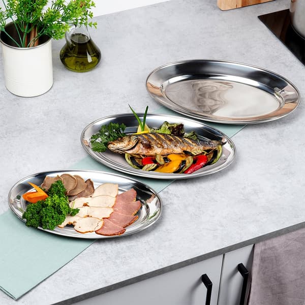 Soikea teräksinen tarjoiluvati, 3 kpl