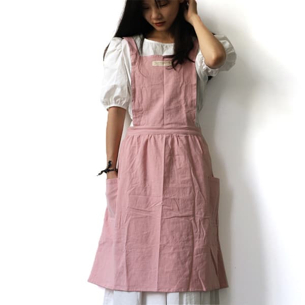 Linen Cotton Apron - Cross-back Style for Art, Cafe, and Work, Comfortable and Protective Pink