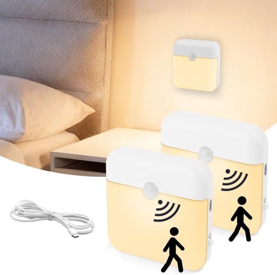 2-paknings Sensor Nattlampe, Dimbar Varmhvit LED, USB-C Oppladbar, Magnetisk.