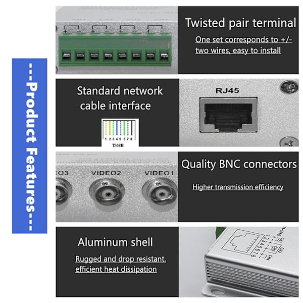 8- UTP 720P/1080P HD Passiivinen Video Balun Lähetin-vastaanotin, BNC - Cat5/5E/6 RJ45(T568B) UTP-kaapelin muunnin