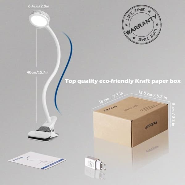 LED Desk Lamp with Clip for Reading, Table, Bed, Adjustable Brightness, 360° Flexible Design