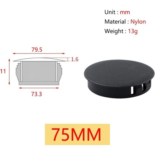 3 stk. 75 mm runde plastikpropper, møbelhulafdækninger, sorte, til møbelhylder og skabe