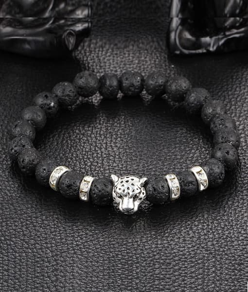 Trendy Bracelet Courage Leopard Silver Black Lava Stones