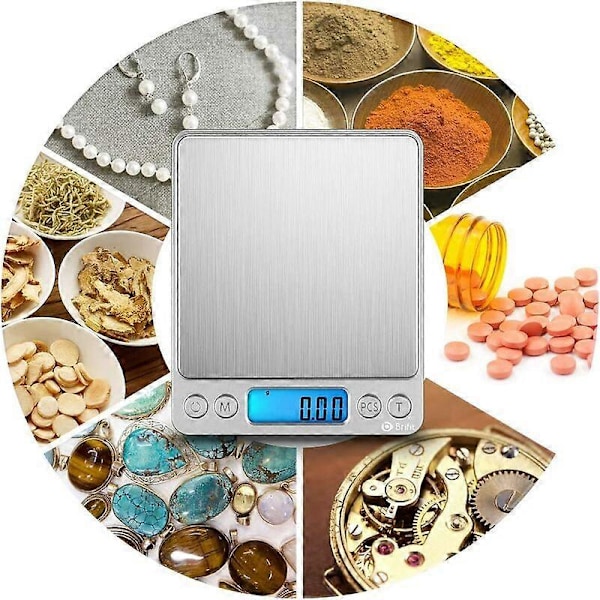 Presisjonsvekt, 500g/0.01g, 0.01g Presisjonsvekt, Kjøkkenvekt med Tara- og Tellingsfunksjon, Bakgrunnsbelyst LCD-skjerm (Sølv)