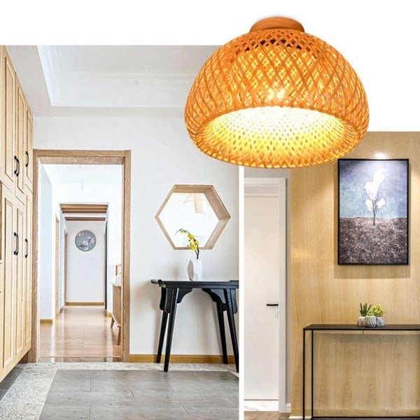 Bambus Flet Rattan Lampearmatur Planmonteret Hængende Loftslampe til Stue Soveværelse Spisestue, 30X18cm