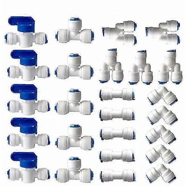 Vannfilter Kobling for Omvendt Osmose, 1/4\" (6MM) Pushfit Rett Kobling for Vannfilterslange, Kjøleskap Koblinger Rør (Y+T+I+L Type Kombinasjon)