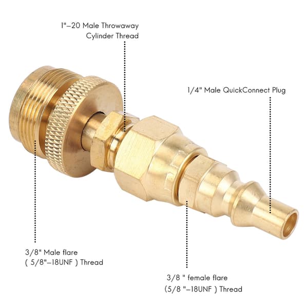 1LB Propan Regulator Adapter, 1in -20 Han Engangs Cylinder til 3/8in Han Flare og 1/4in Quick