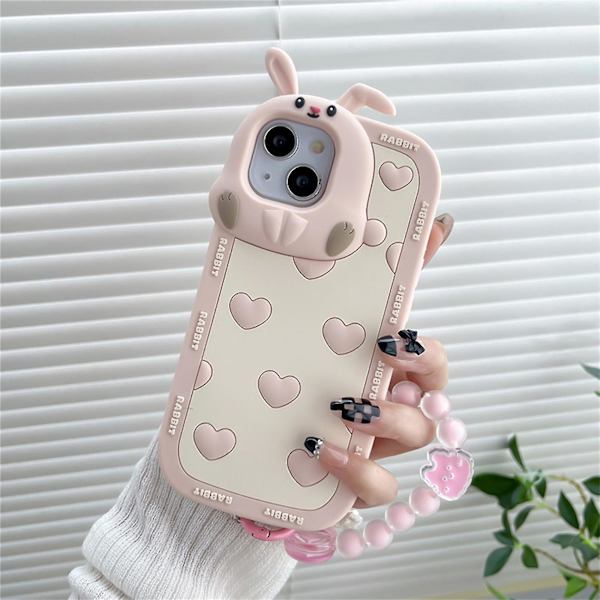 3D Kanin Cover Kompatibelt med iPhone 14, Blødt Silikone Beskyttelsescover med Armbånd
