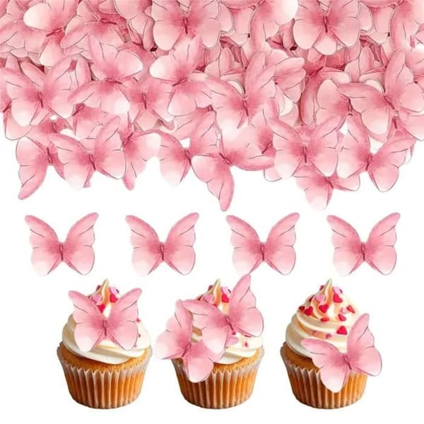 48 spiselige lyserøde sommerfugle til pynt på fødselsdagskager, bryllupskager eller cupcakes