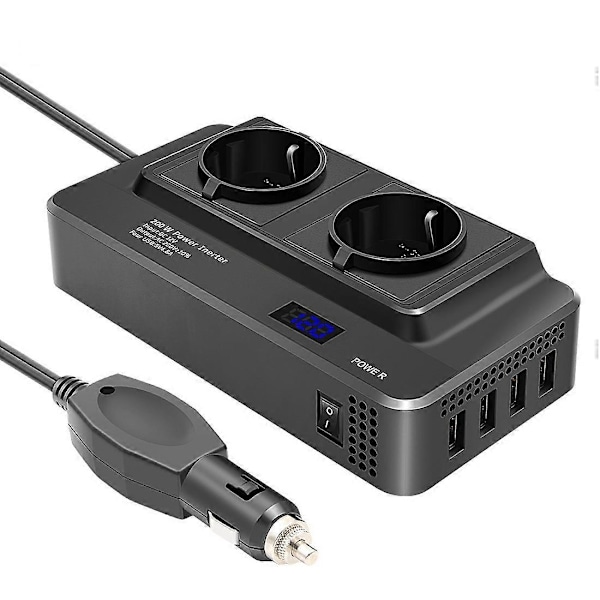 200W Bilinverter, Spenningsomformer 12V til 220V med Smart Tidsvisning LCD, 2 Stikkontakter og 4 USB Ca