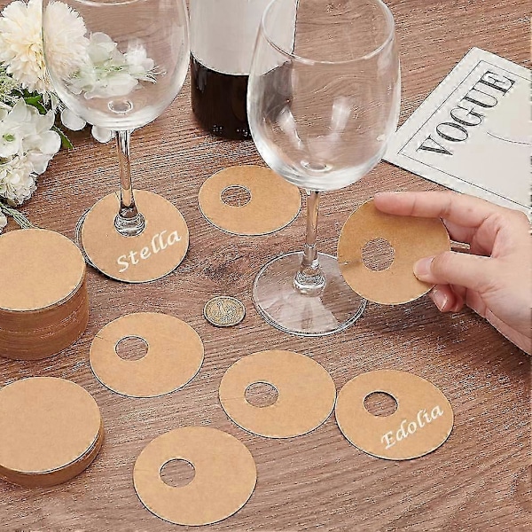 150 st Pappersvinglasmarkörer 7 cm Tomma Runda Glasmarkörer Dryckesnamnlappar Ljusbruna/vita Engångs Vinetiketter Dryckesberlocker DIY Identifiering Ma