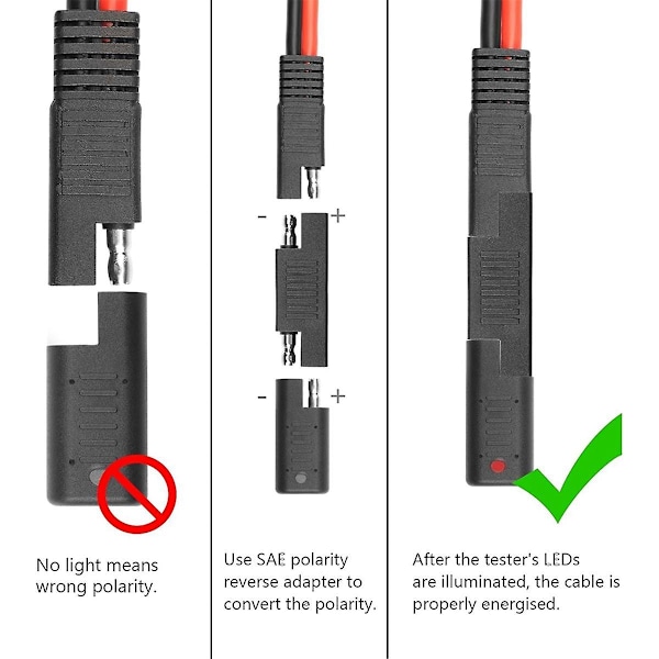 SAE Kortslutningsstik med LED-indikator, SAE Polaritetsomvendt Adapter, SAE Strømkabeltester S