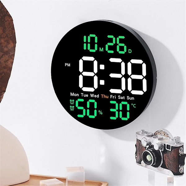 10 tum Digital Väggklocka med Temperatur, Luftfuktighet, Fjärrkontroll, Alarm, Datum och Vecka
