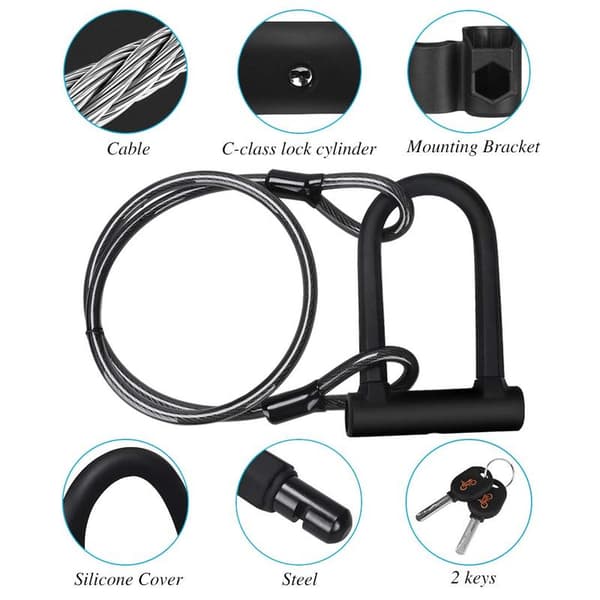 Bicycle U-lock, Cut-Resistant D-Lock with 1.2m Flexible Cable and Mounting Bracket, High Security Lock for Bicycles, E-Bikes, and Motorcycles.