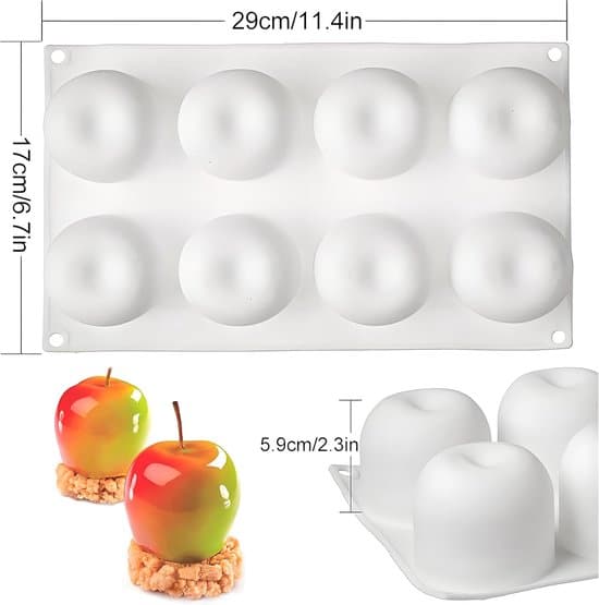 Silikoneform med 8 fordybninger til 3D-æbleformer - Ideel til varm chokoladebombe, kage, gelé og kuppelmousse