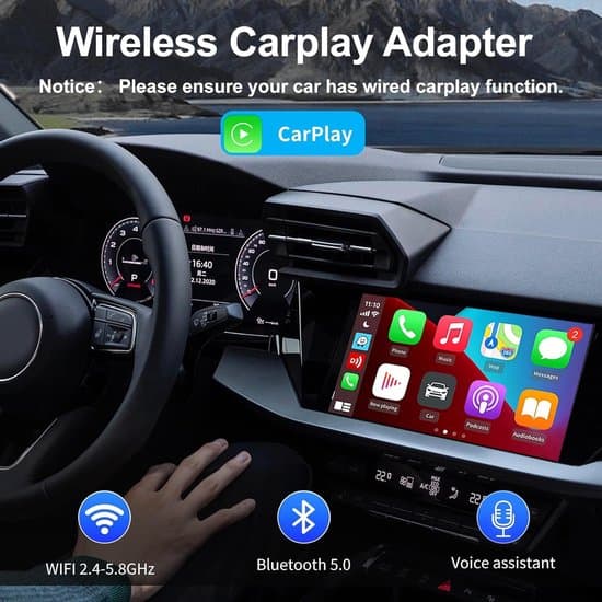 Langaton CarPlay-sovitin iPhonelle, plug and play, jatkokaapeleilla