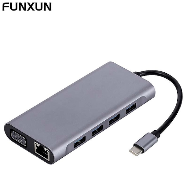FUNXUN 11 i 1 Typ C HUB Dock HUB 4K 30Hz Typ C till kompatibel USB 3.0 Adapter PD 87W USB Splitter för MacBook