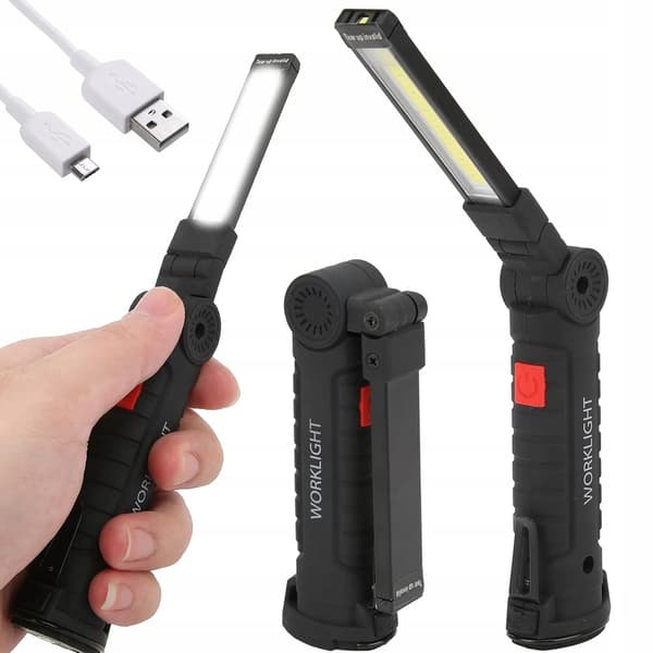 Magnetic Workshop and Work Lamp 5-in-1 - Rechargeable LED Lamp with USB, Strong Magnet, and Foldable Hook