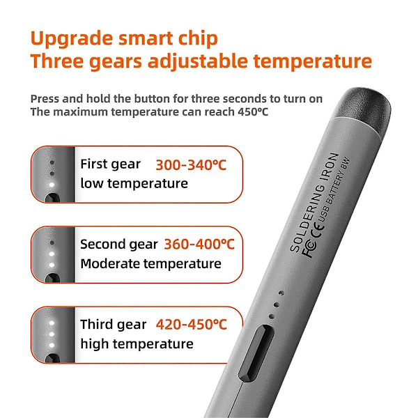 USB-laddningsbar bärbar lödkolv, 3 hastighetsinställbar temperatur USB-elektrisk lödkolv Mini lödkolv-kit Grå