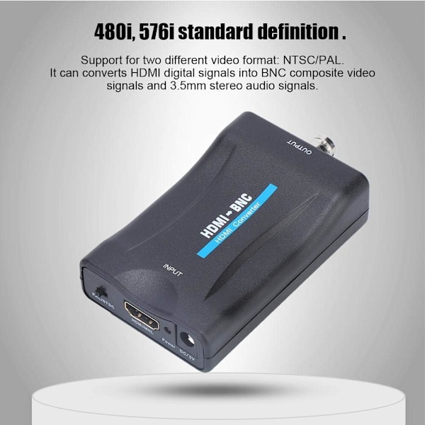 HDMI til BNC-adapter, komposit HDMI til BNC-videoadapter og 3,5 mm 480i 576i lydsignalomformer Støtter NTSC/PAL, miljøvennlig HDMI BNC-omformer