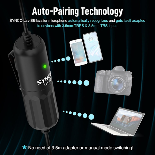 SYNCO Lav-S8 Professionel Lavalier Mikrofon Clip-on Omnidirektionel Reversmikrofon Støjreduktion Auto
