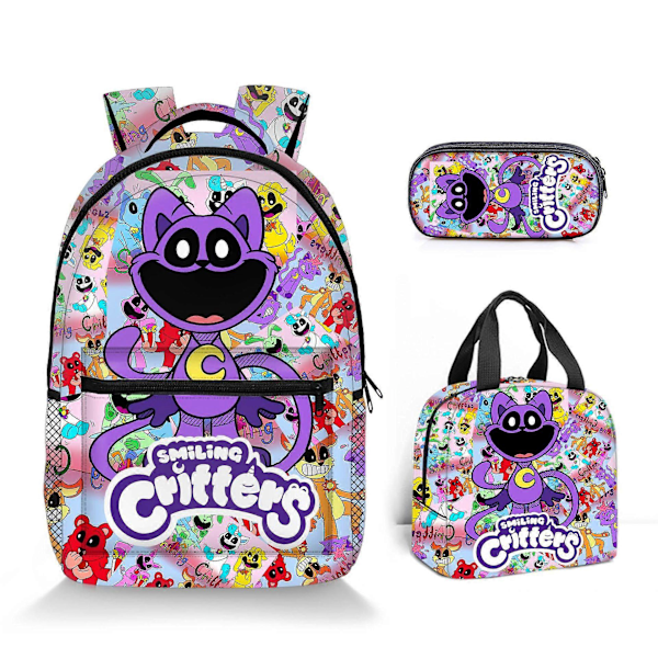 3 kpl Hymyilevät Critters CatNap -reput, lounaskassi ja kynäkotelo, koululahja