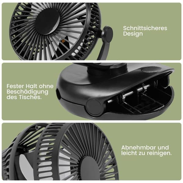 3-i-1 Ventilator - Mini - 10.000 mAh Batteri - 4 Hastigheder - 360° Klips
