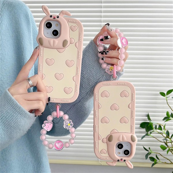 3D Kanin Cover Kompatibelt med iPhone 14, Blødt Silikone Beskyttelsescover med Armbånd