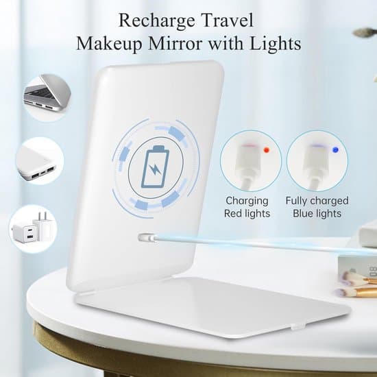 Foldable Makeup Mirror - LED Illuminated Mirror - 3 Light Modes - Dimmable Touch Control - USB Charging - Travel Mirror - Table Mirror
