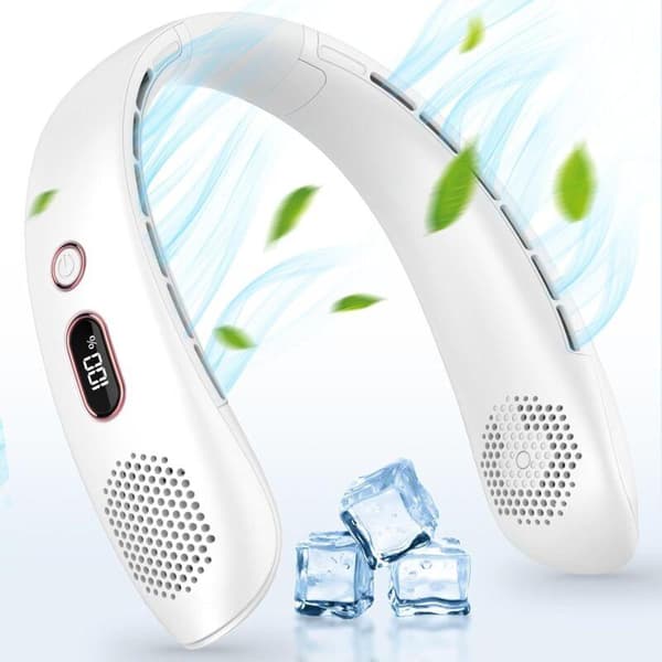 Bærbar halsventilator. Tre blæserhastigheder, bladløs. USB-interface med hvid LED-strømindikator.